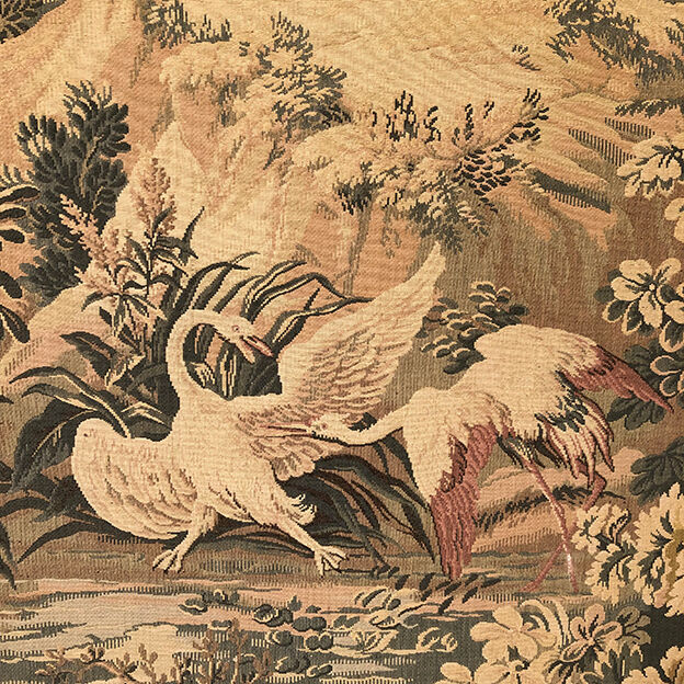 Tapestry decorated with waders, waterfront and greenery
