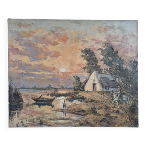 Huile sur toile, Paysage de Camargue