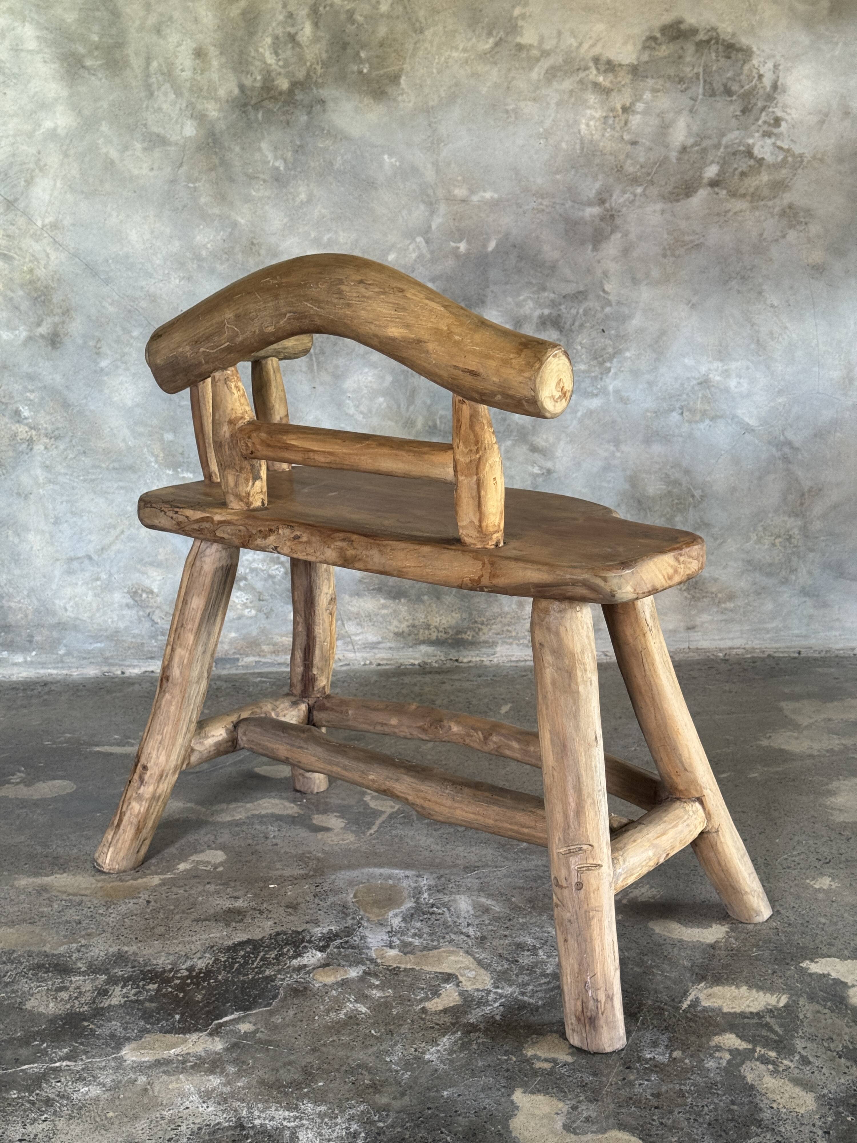 Small brutalist bench with backrest and armrests in Asian blonde teak H67 L6