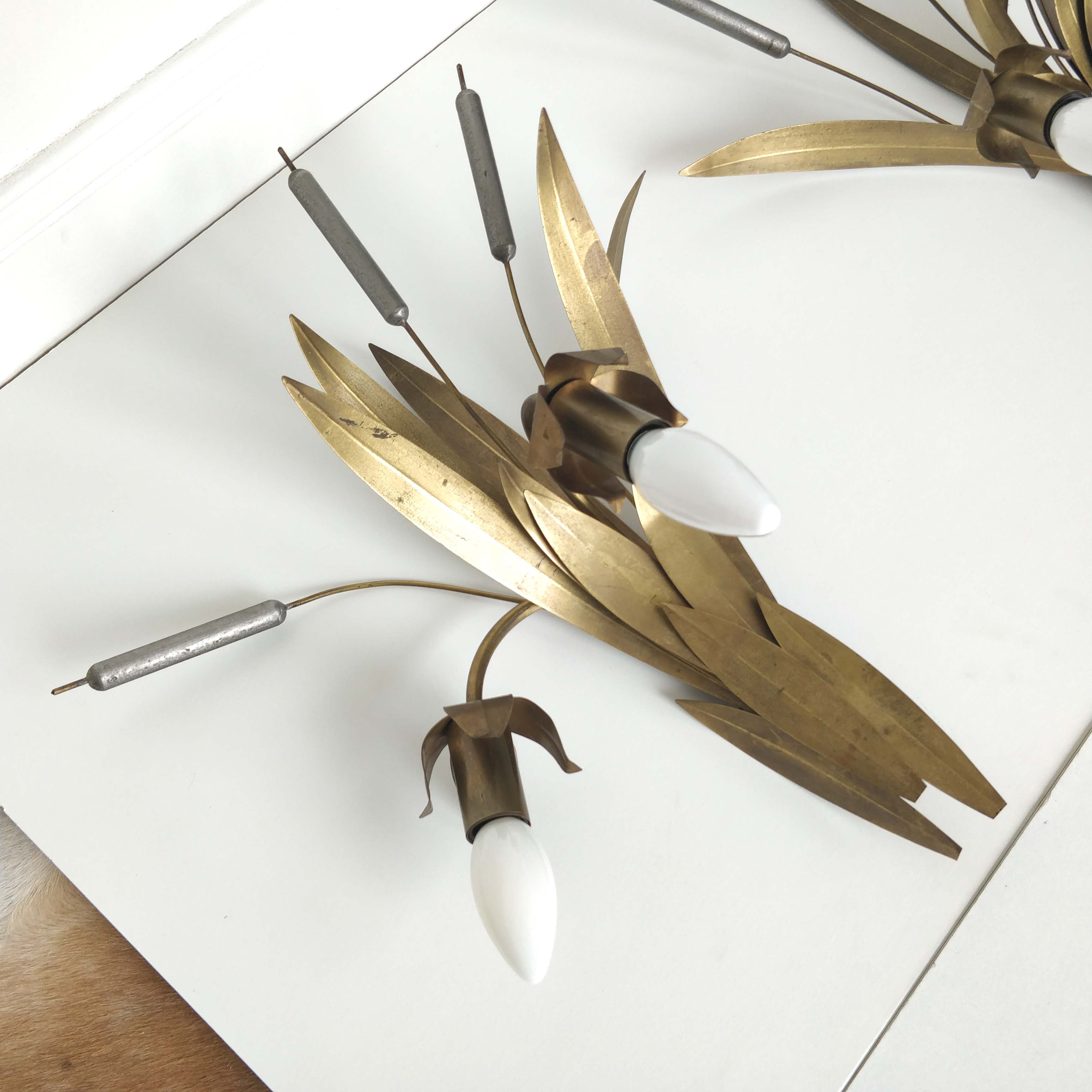 Pair reed and brass leaves sconces