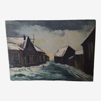 Old panel depicting a street under the snow