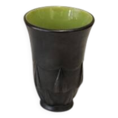 Vase noir et vert en faïence Blanche Letalle (1901-1990) St Clément vers 1950