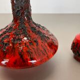 Set of 3 Red Black Ceramic Studio Pottery Vase Objects Otto Keramik Germany 1970