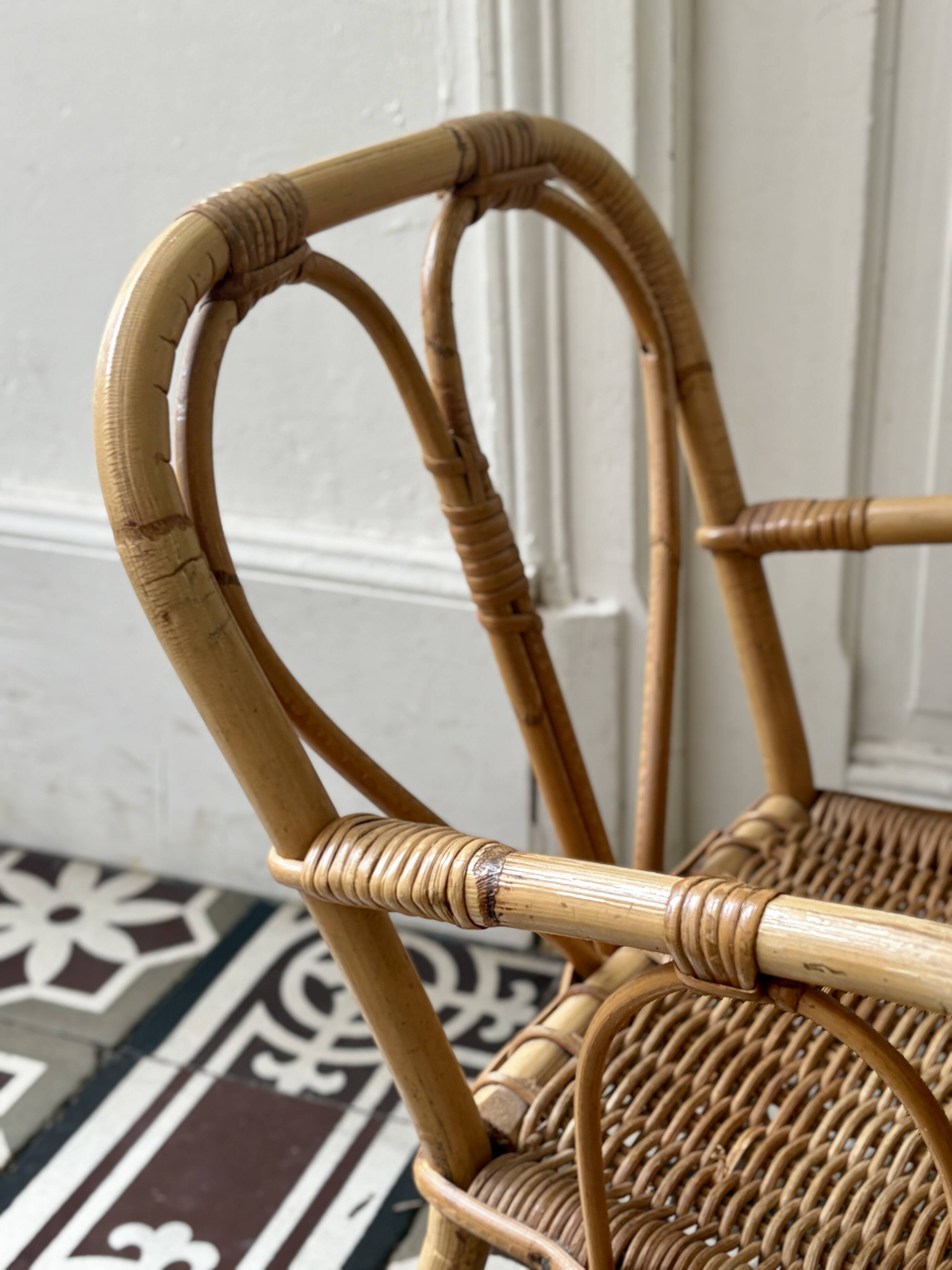 Vintage rattan desk and chair set for children
