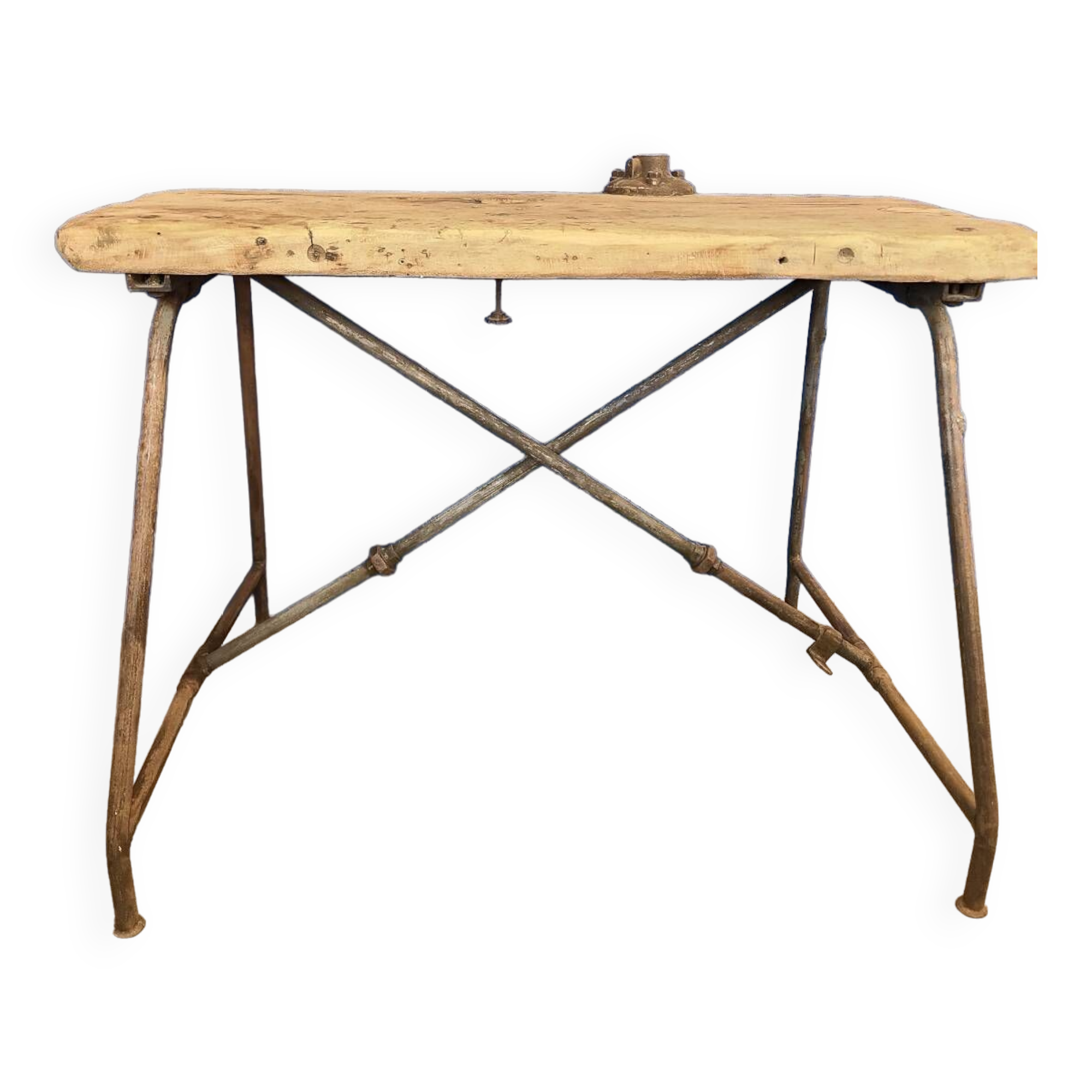 Vintage workbench circa 1930, folding metal leg.