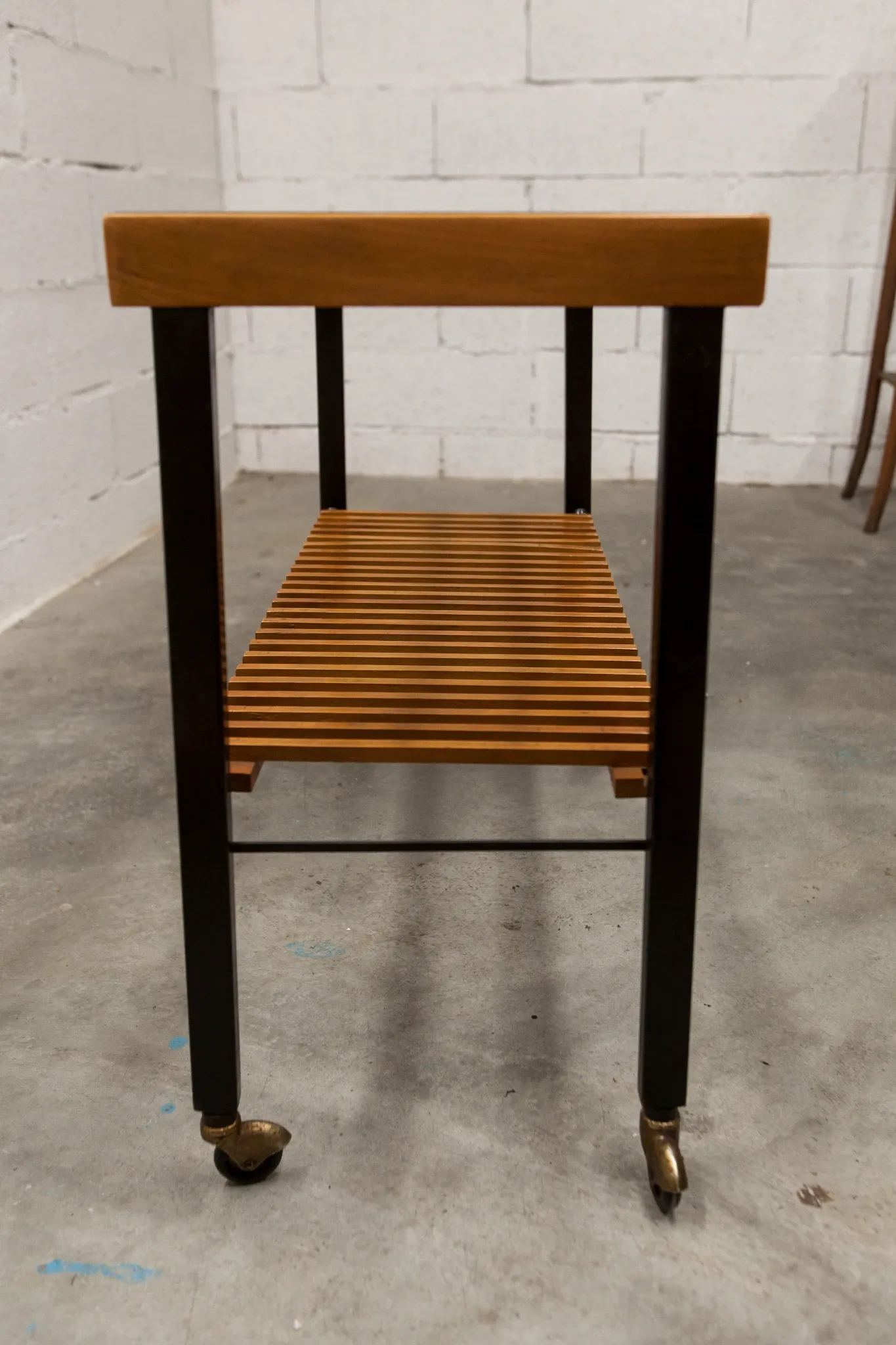 1960s hi-fi cabinet on wheels, teak, black metal, glass
