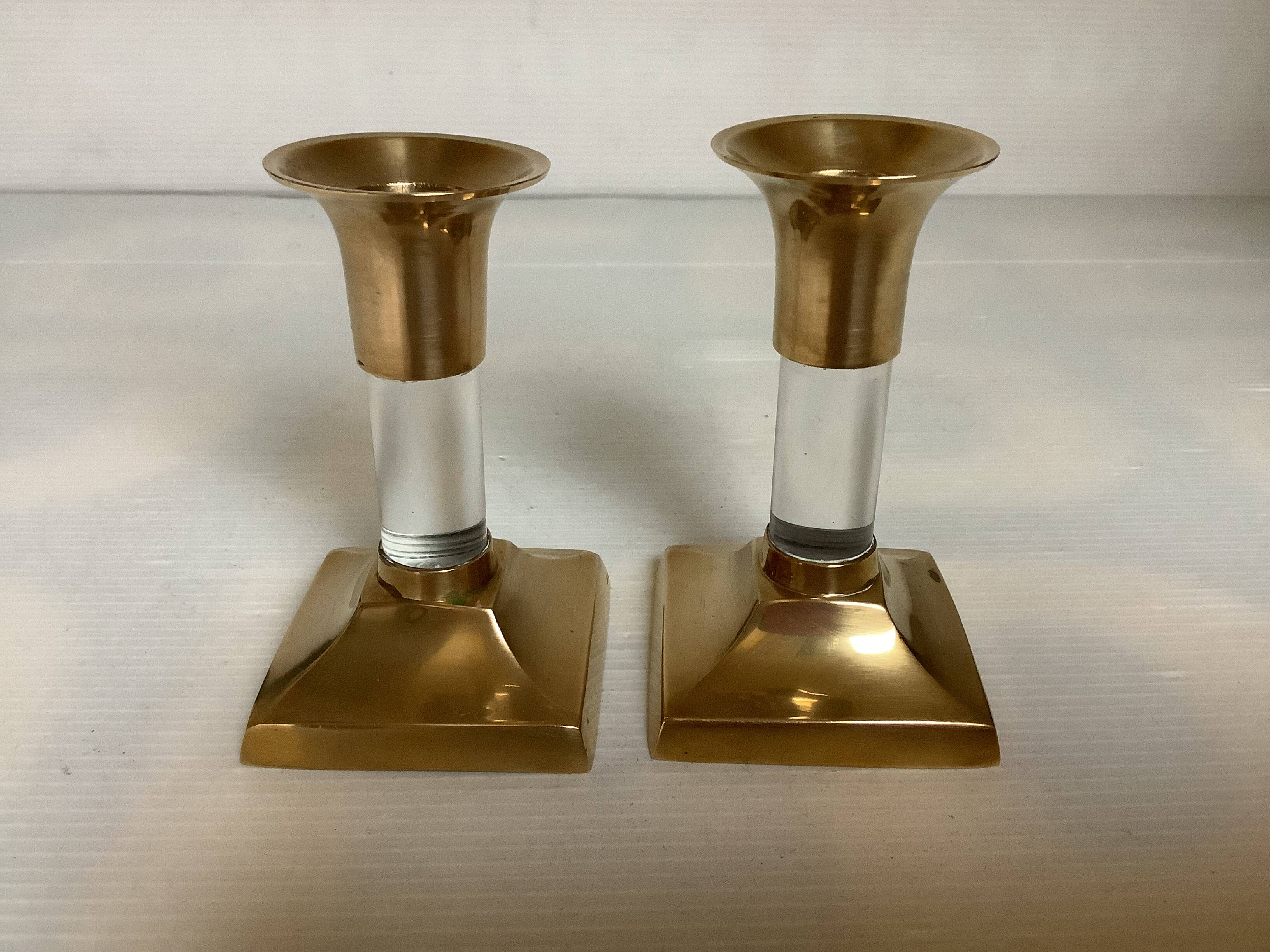 Pair of small brass and glass candlesticks
