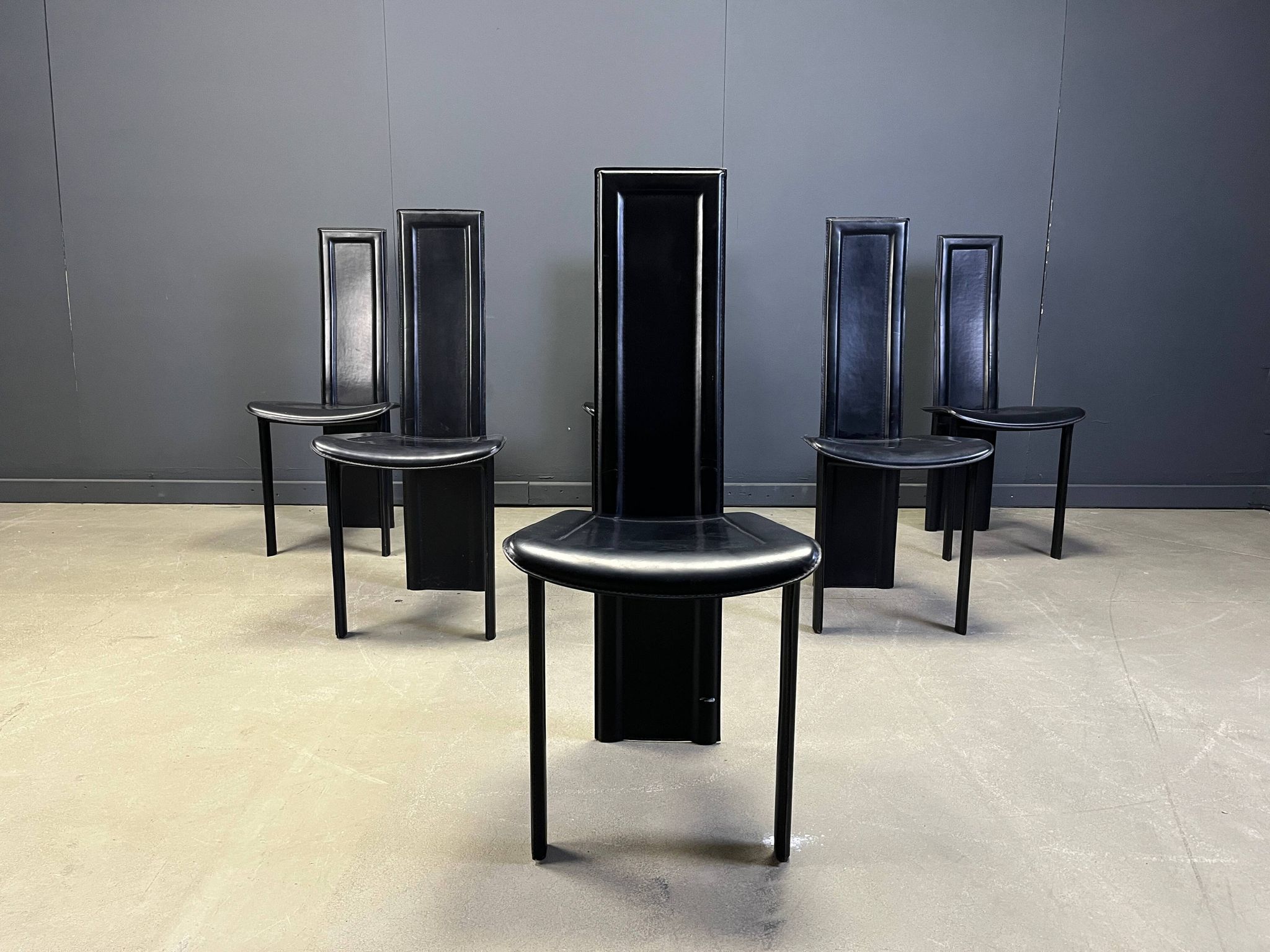 Vintage black leather dining chairs, set of 6, 1980s