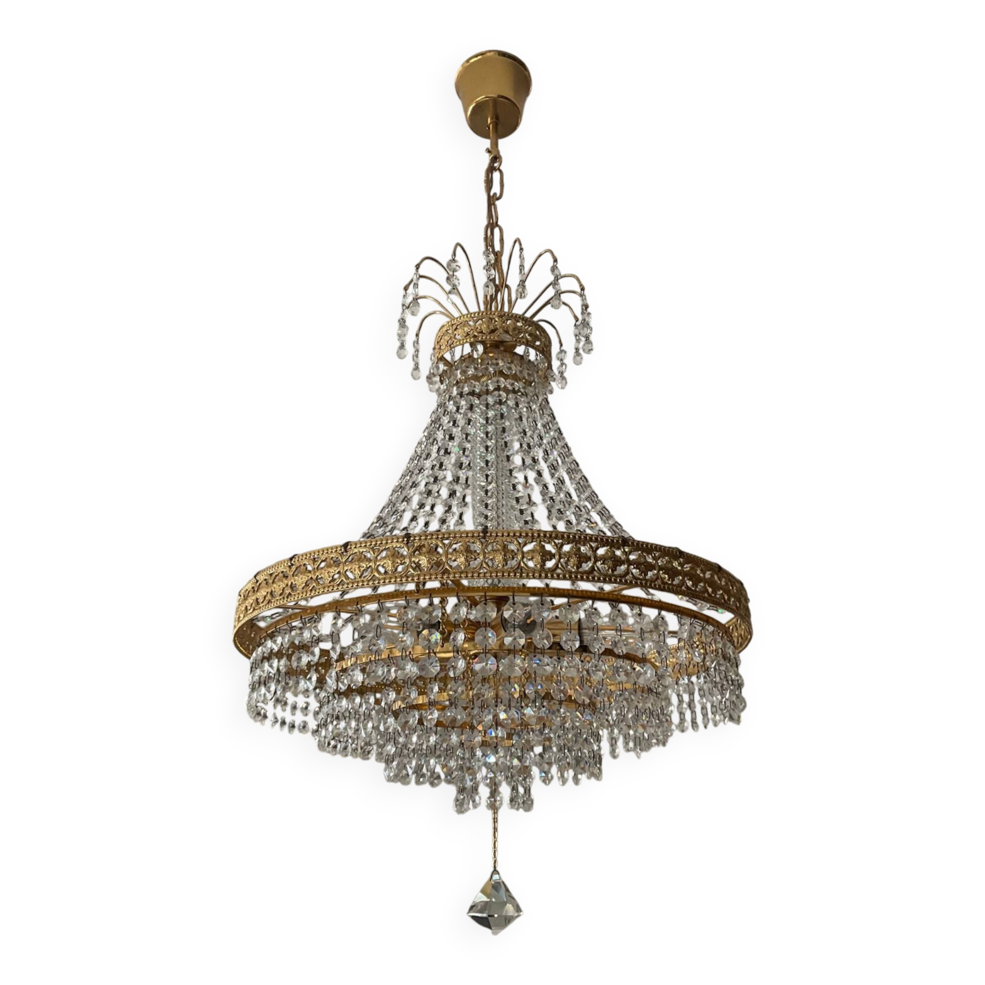 Brass hot air balloon chandelier with cascade of tassels