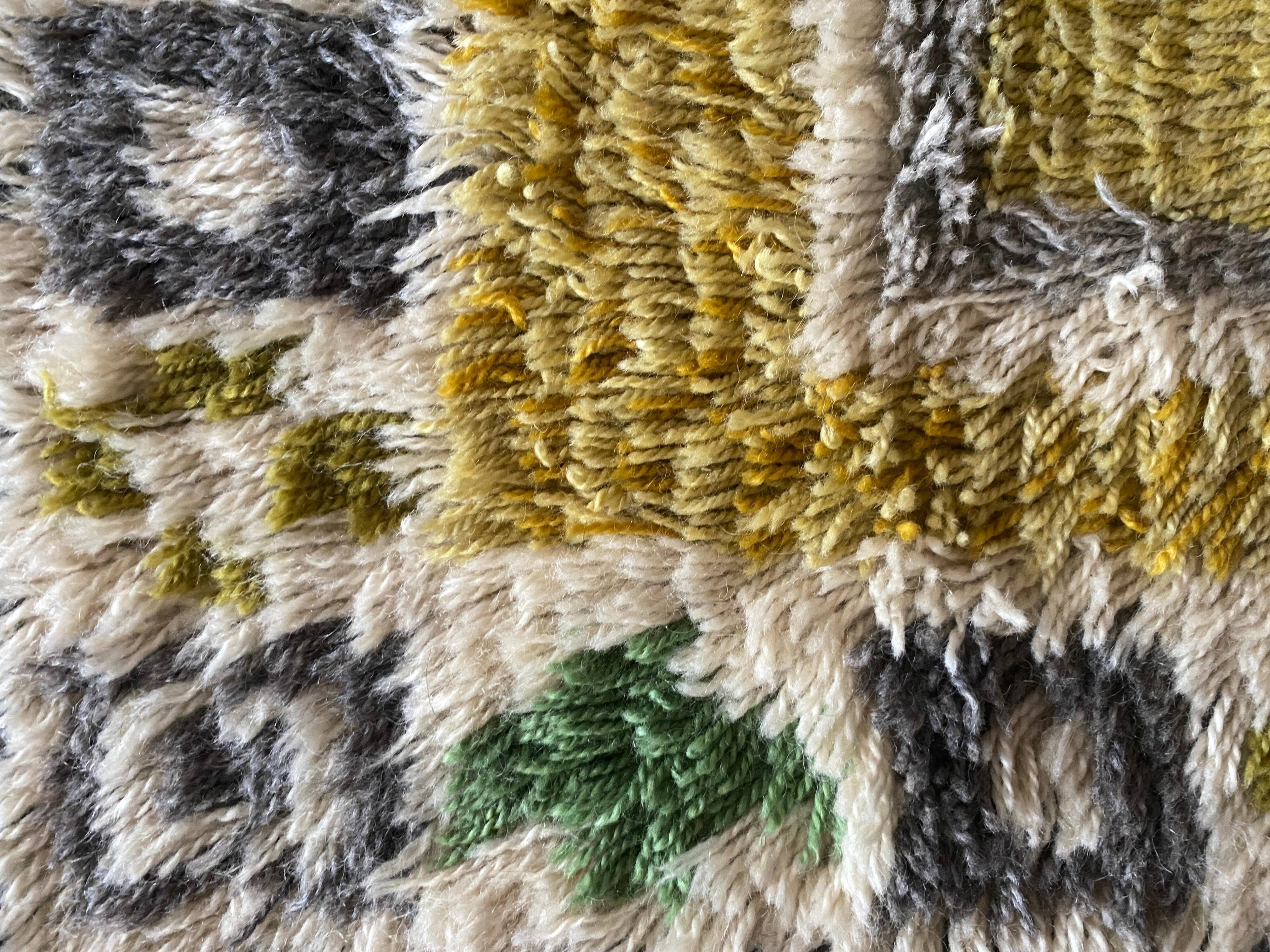Mid-century Modern High Pile, Yellow, White, Green & Grey Rya Rug, Sweden, 1960s