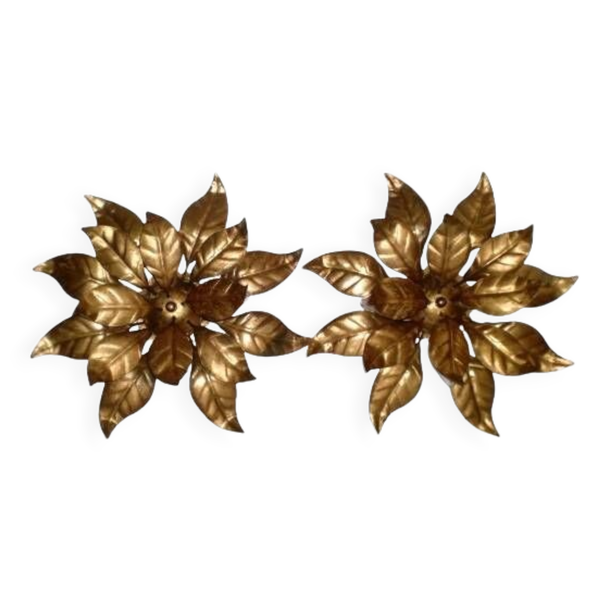 Pair of Florentine Wall Lamps / Ceiling Lights Golden Metal Leaves