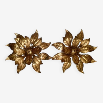 Pair of Florentine Wall Lamps / Ceiling Lights Golden Metal Leaves