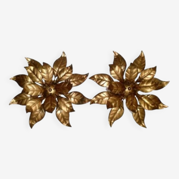 Paire d'appliques/plafonniers florentins feuilles en métal doré
