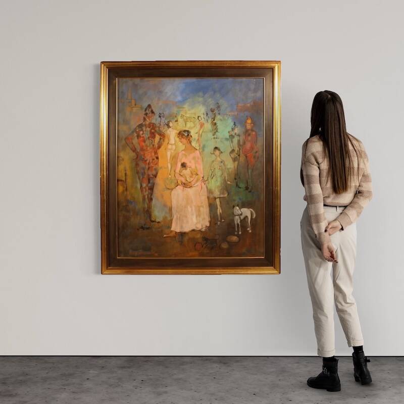 Italian painting, Family of Acrobats, dated 1981
