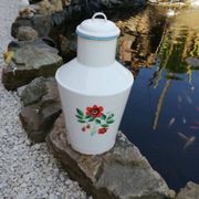 White enamelled metal water jug — 1950s, floral pattern and lid