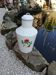 White enamelled metal water jug — 1950s, floral pattern and lid