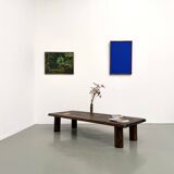 Modernist coffee table in solid elm, cylindrical pine base, 1970s.