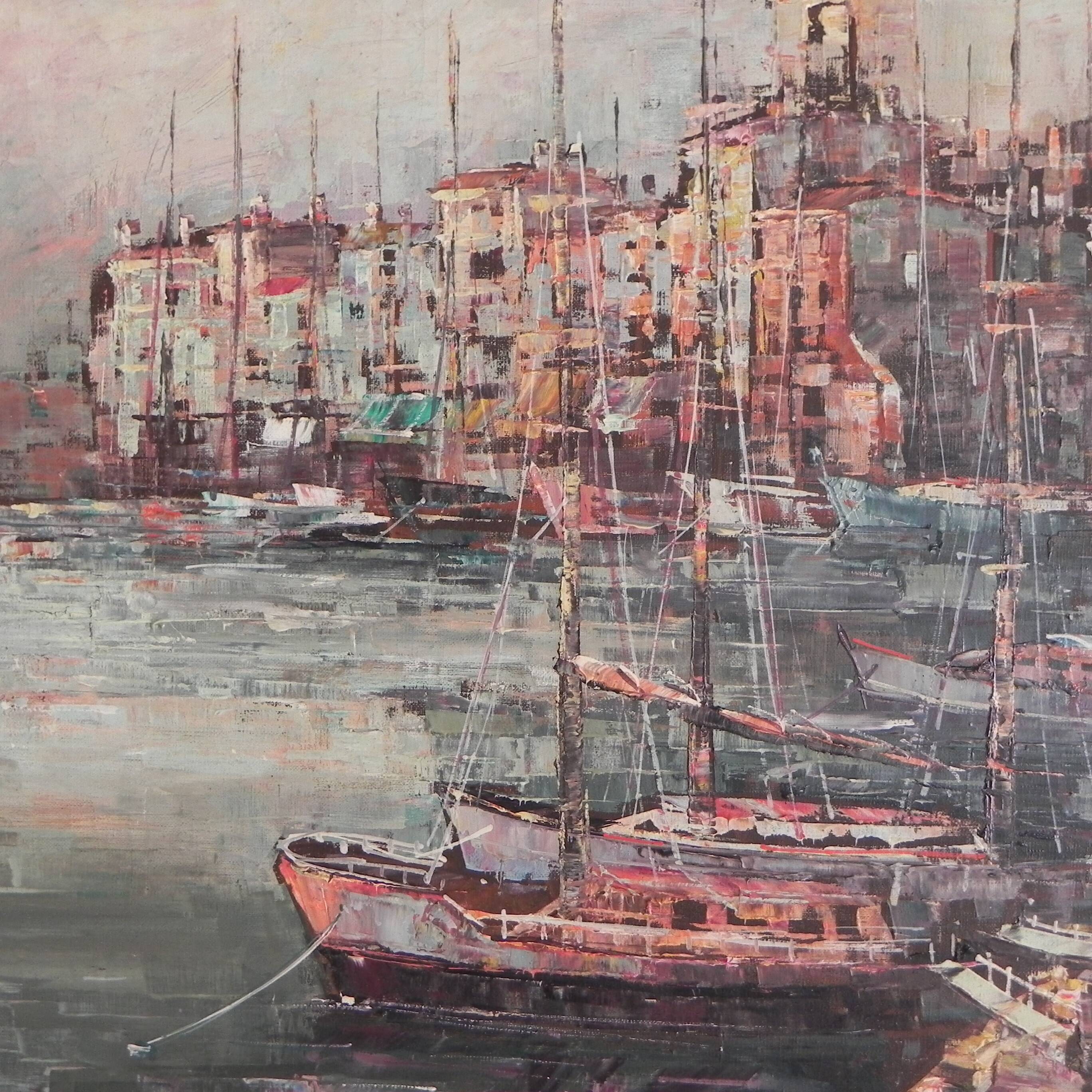 Painting of a cityscape with a harbour, Harry Dedic, 1960s