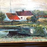 Canal landscape painting oil on panel signed