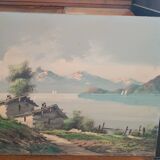 Tableau paysage montagne lac alpes signé pini années 1950