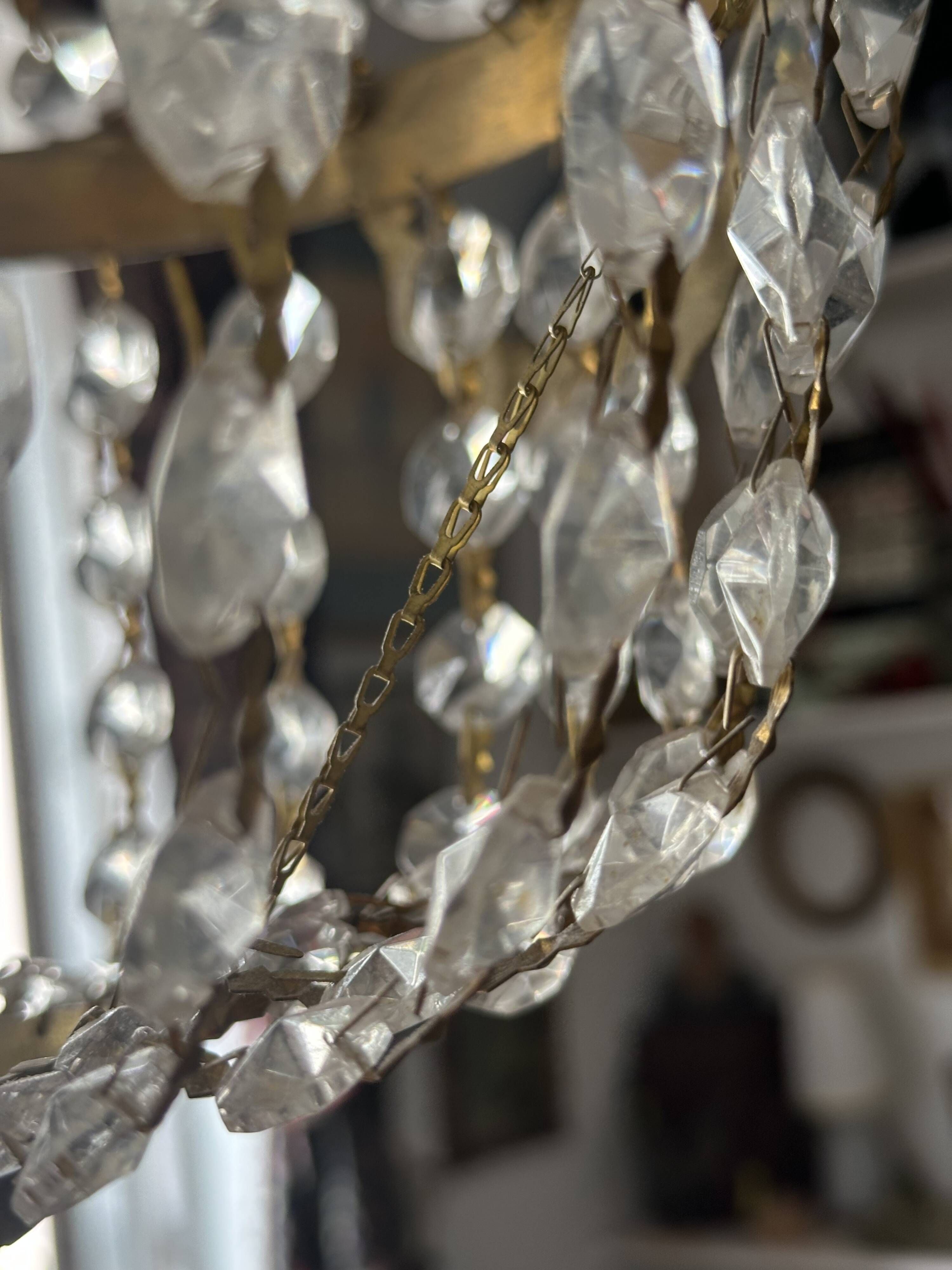 Golden bronze hot air balloon chandelier with glass pendants, mid-20th century.