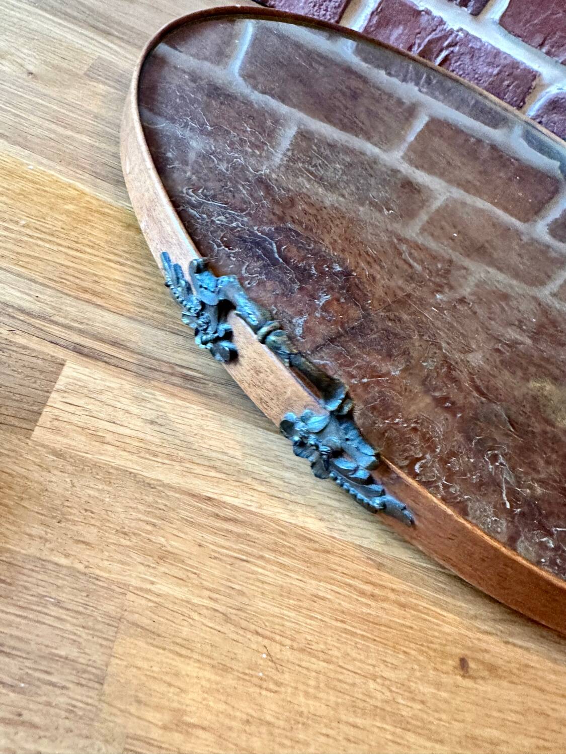 Large old wood glass metal tray