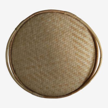 Round serving tray made of vintage bamboo and wicker