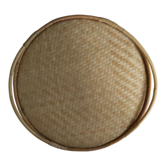 Round serving tray made of vintage bamboo and wicker