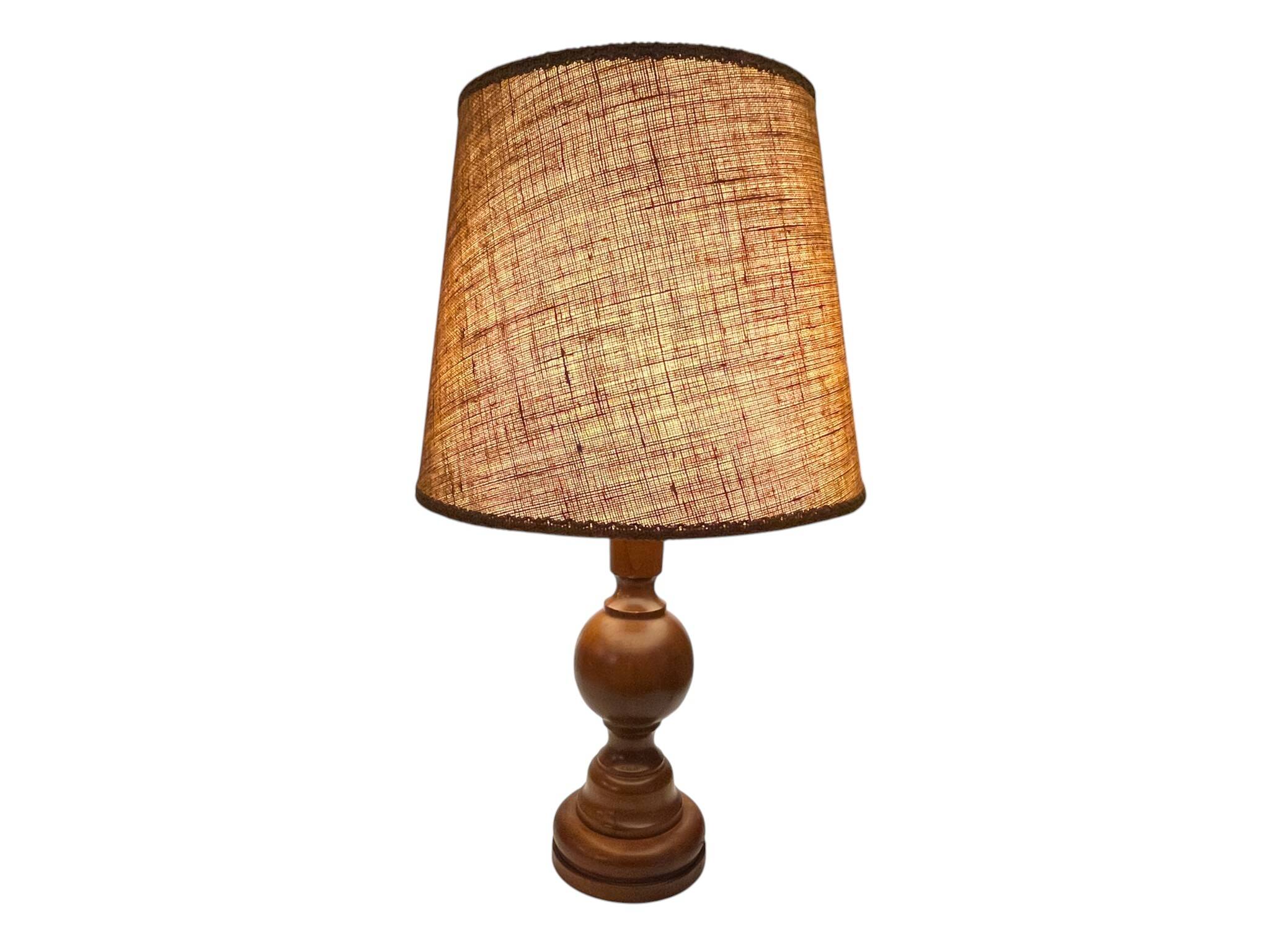 Vintage, large wooden base lamp with shade from around 1970.