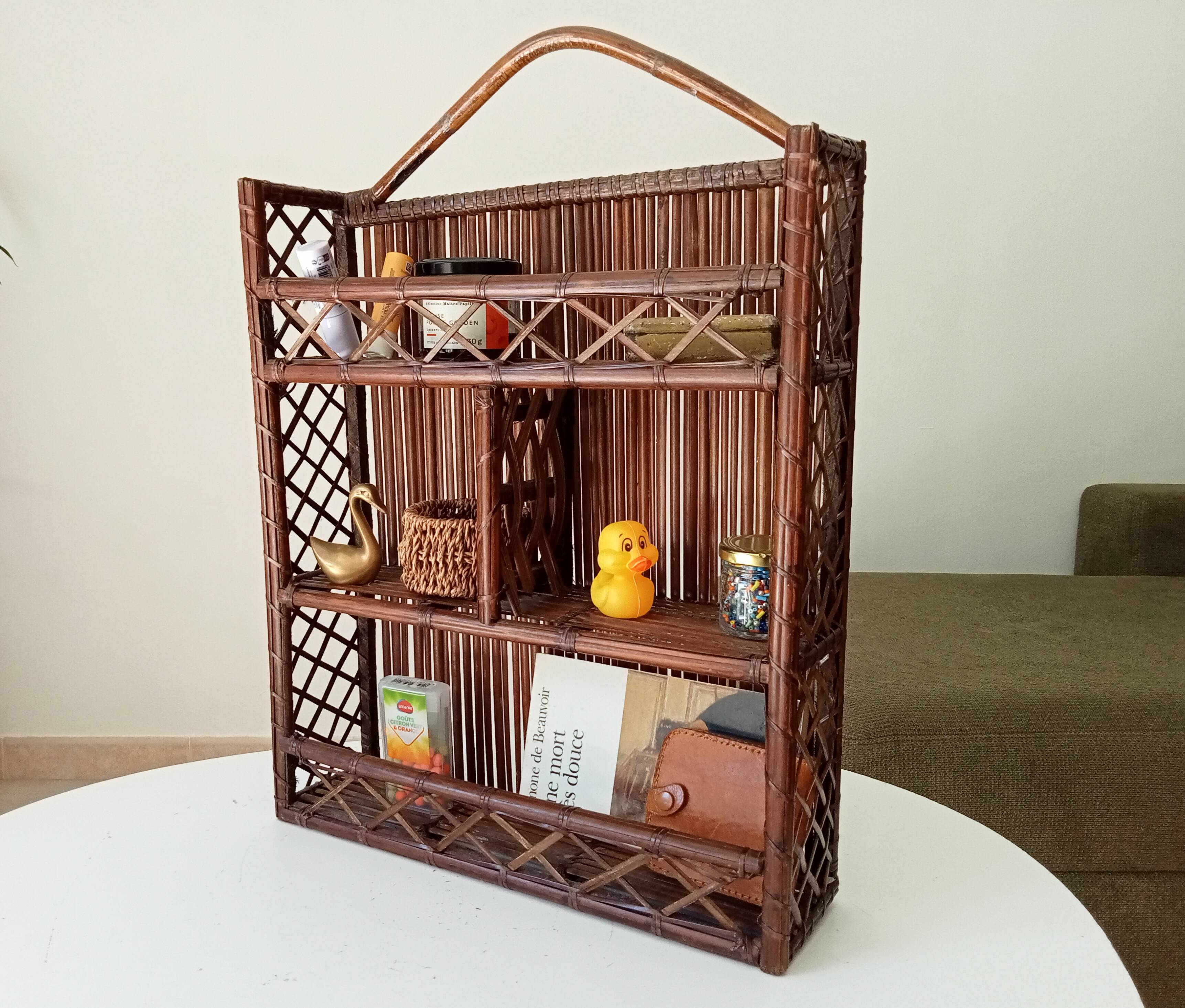 Vintage bamboo and rattan wall shelf from the 70s