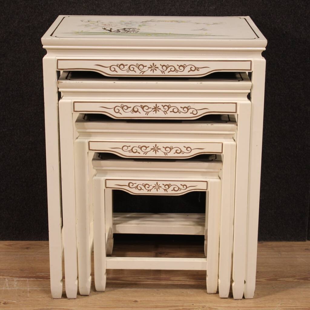 Set of 4 French lacquered and painted coffee tables