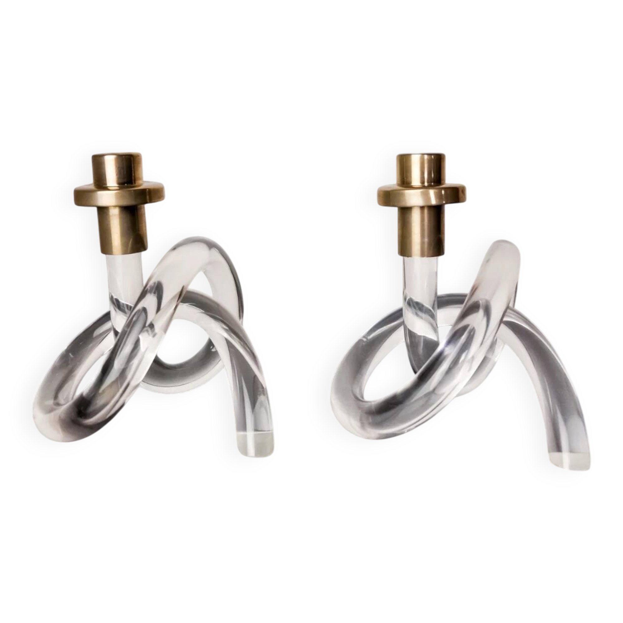 Pair of pretzel candlesticks by Dorothy Thorpe, Lucite and gilt brass, 1970s