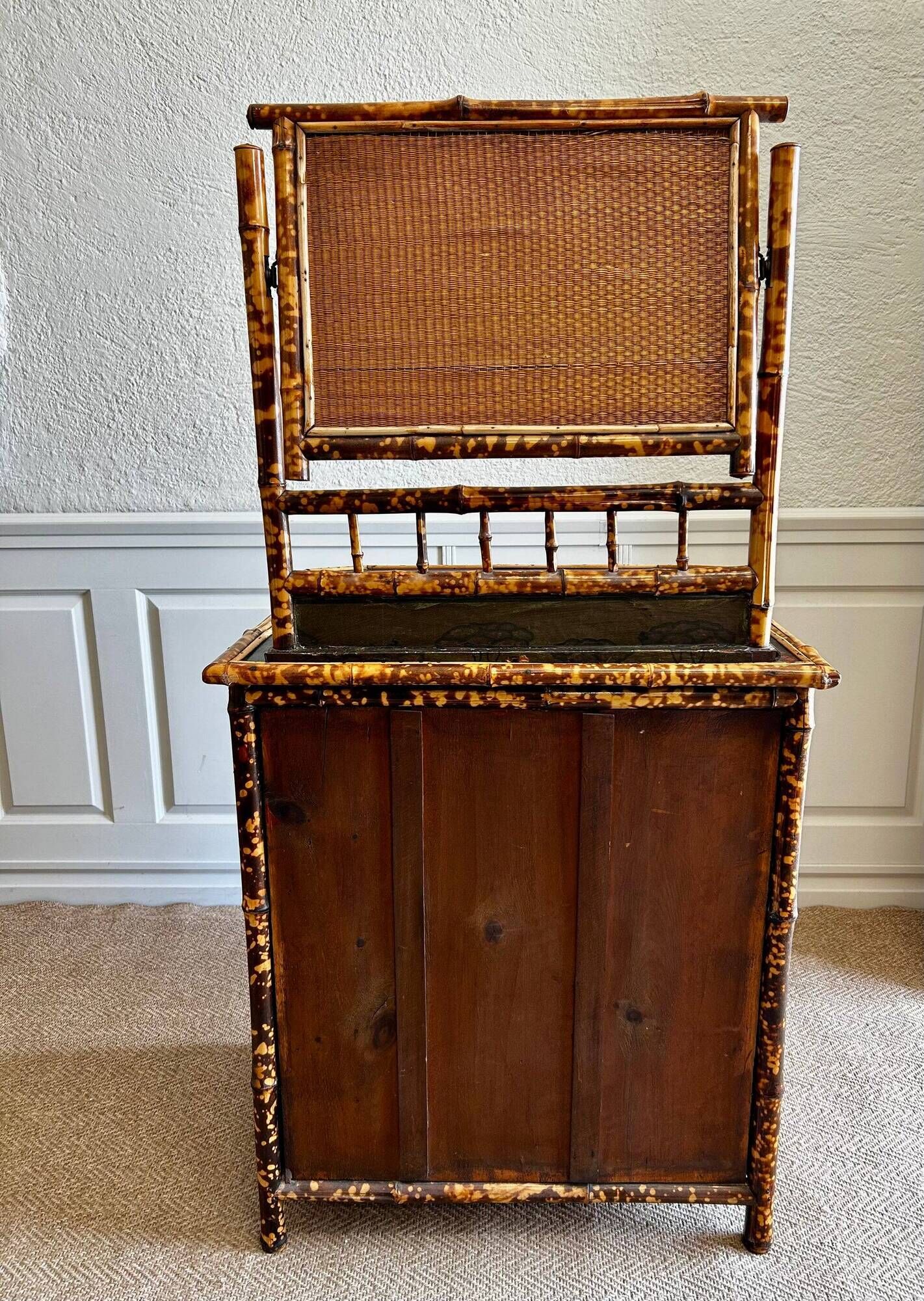 Victorian tiger bamboo, cane & chinoiserie dressing table with drawers, England 1880s, aesthetic movement