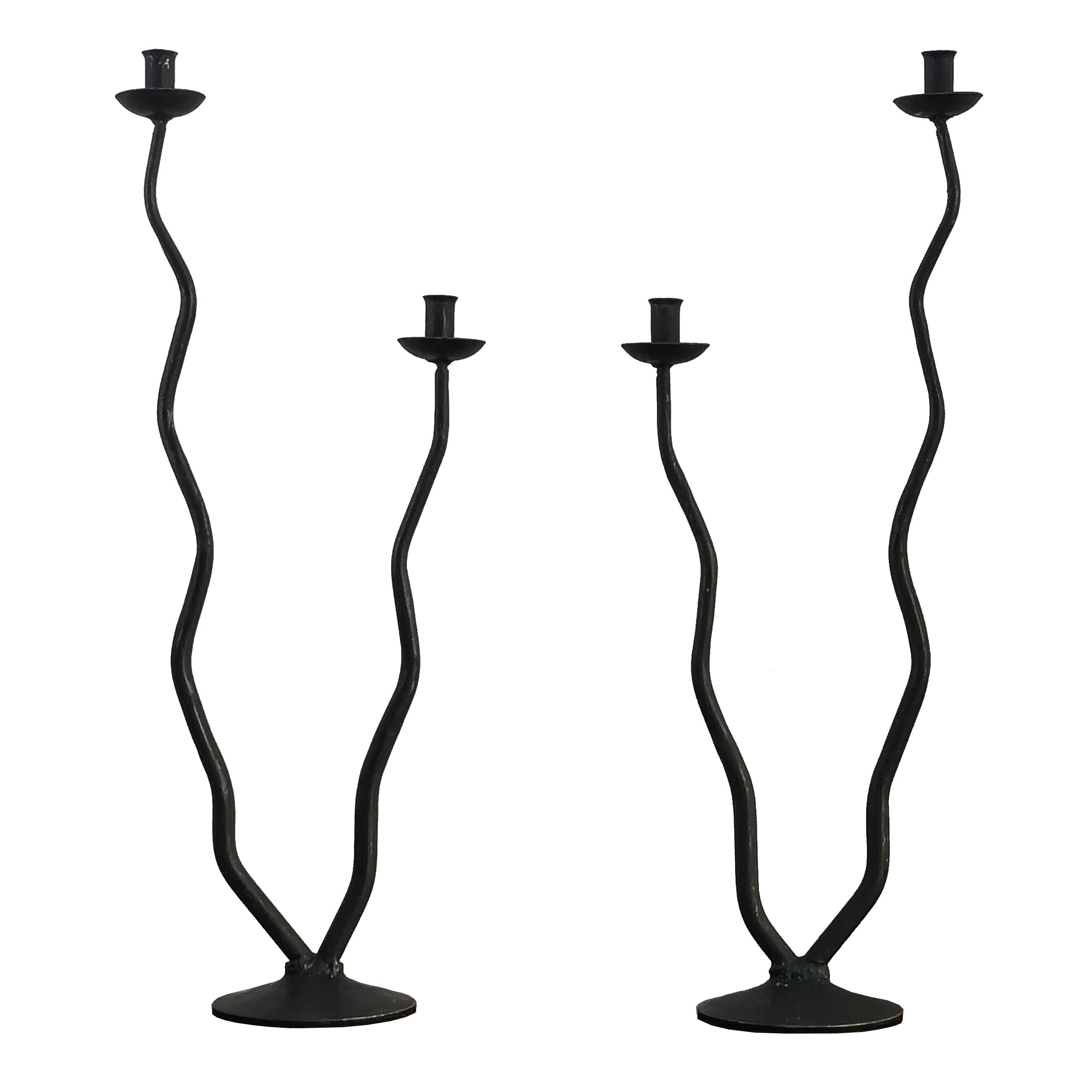 Pair of postmodern brutalist candlesticks in wrought iron, France, 1980s