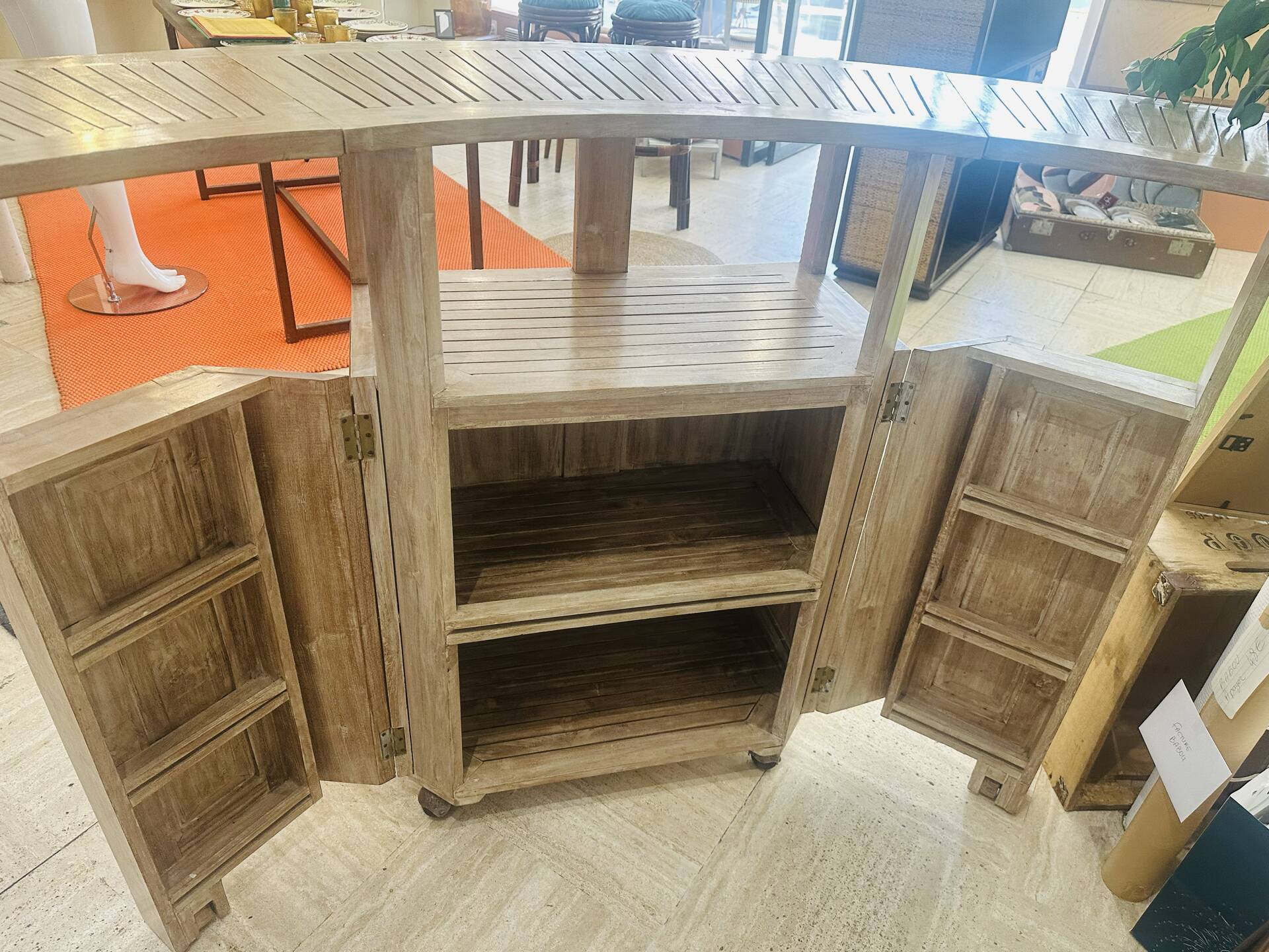Vintage folding bar counter on wheels, wood.