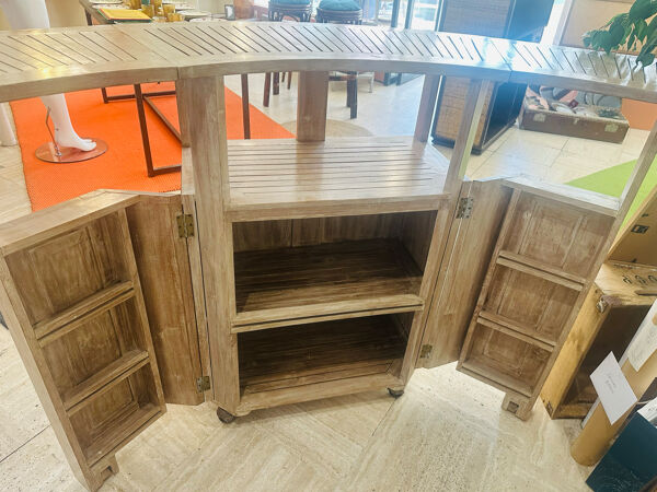 Bar comptoir vintage pliant sur roulette bois