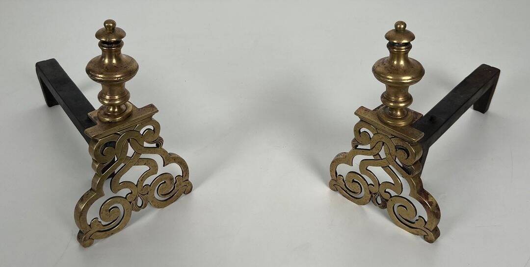 Pair of Chiselled Bronze and Wrought Iron Chenets in Louis XV Style