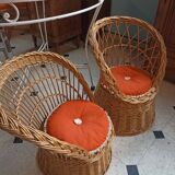 Set of 2 vintage 1970s rattan children's armchairs with orange cushions