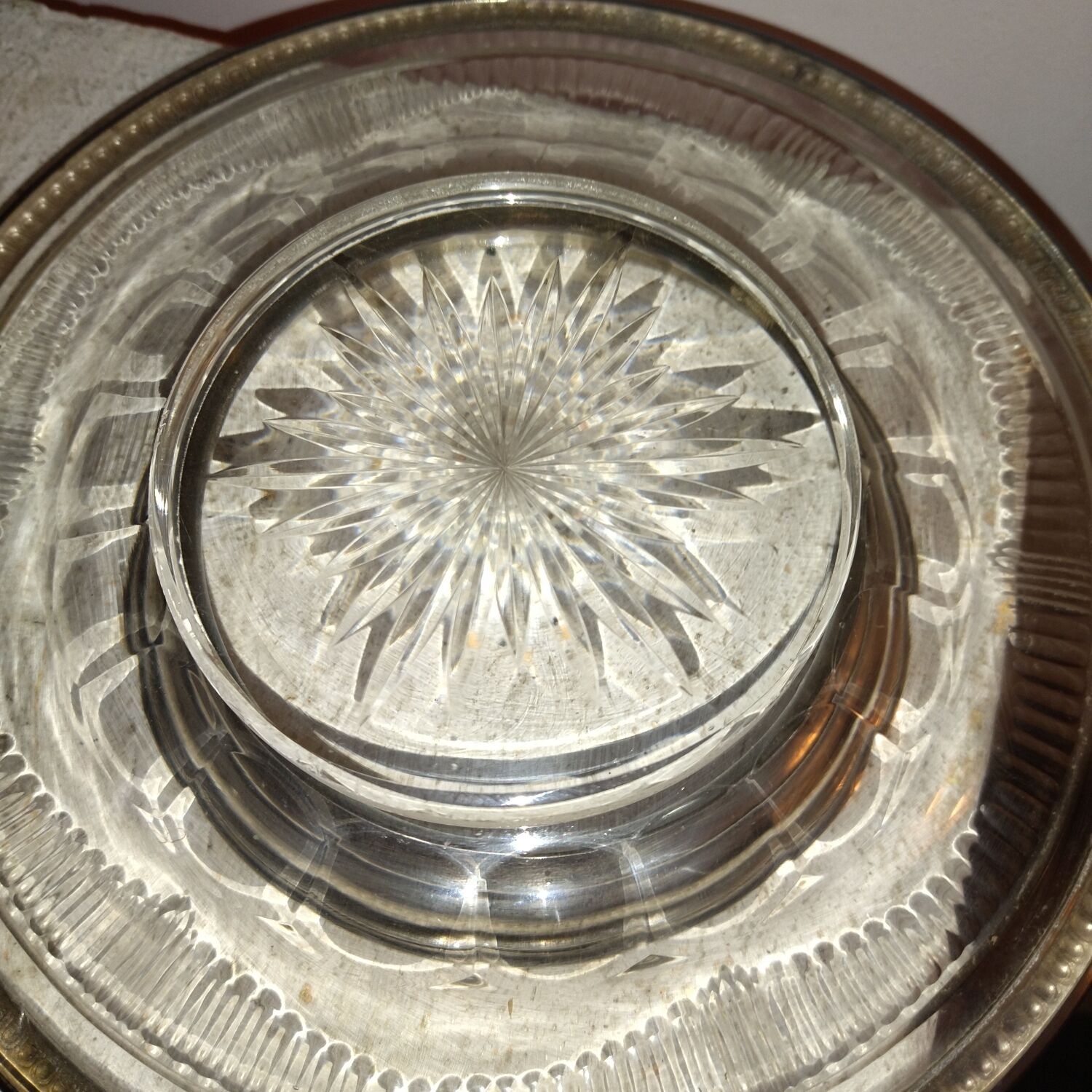 Pair of cutting trays cut glass solid silver