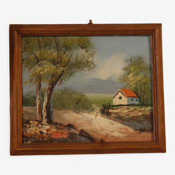 Tableau vintage jardin et maisonnette, cadre en bois