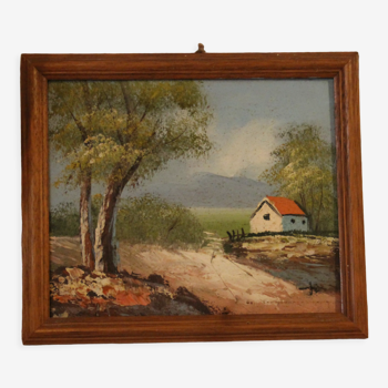 Vintage painting garden and maisonette, wooden frame