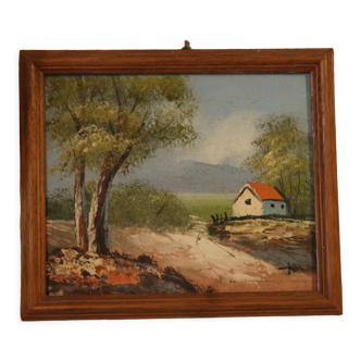 Vintage painting garden and maisonette, wooden frame