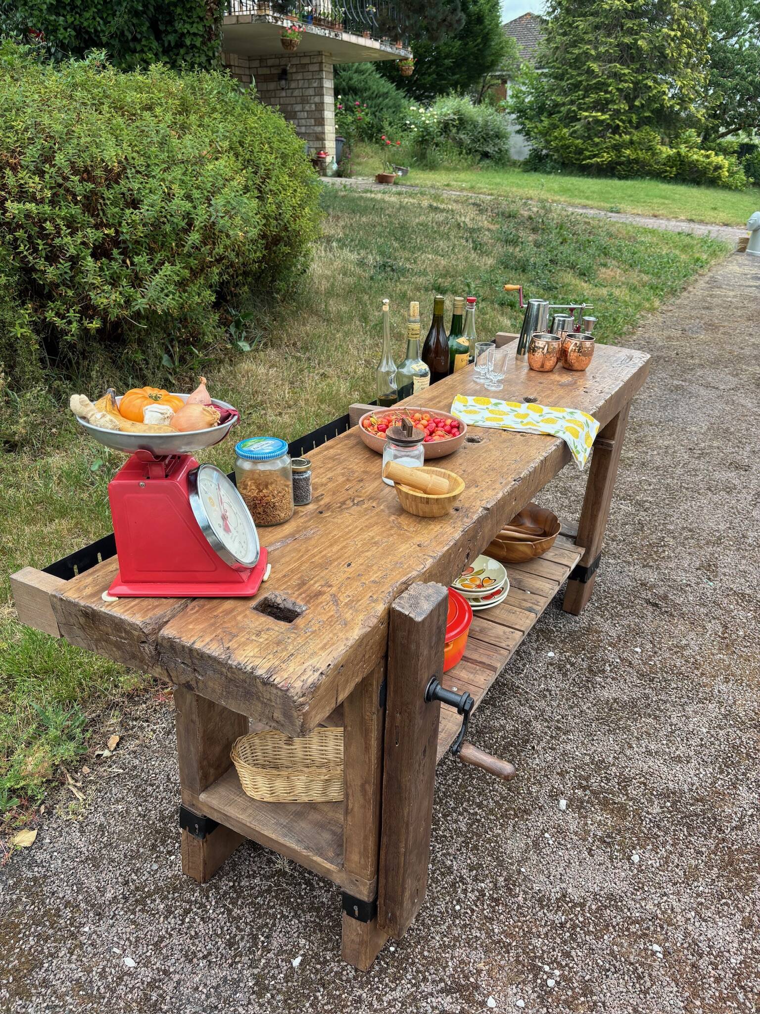 Restored old carpenter's workbench – Console / side table in solid wood