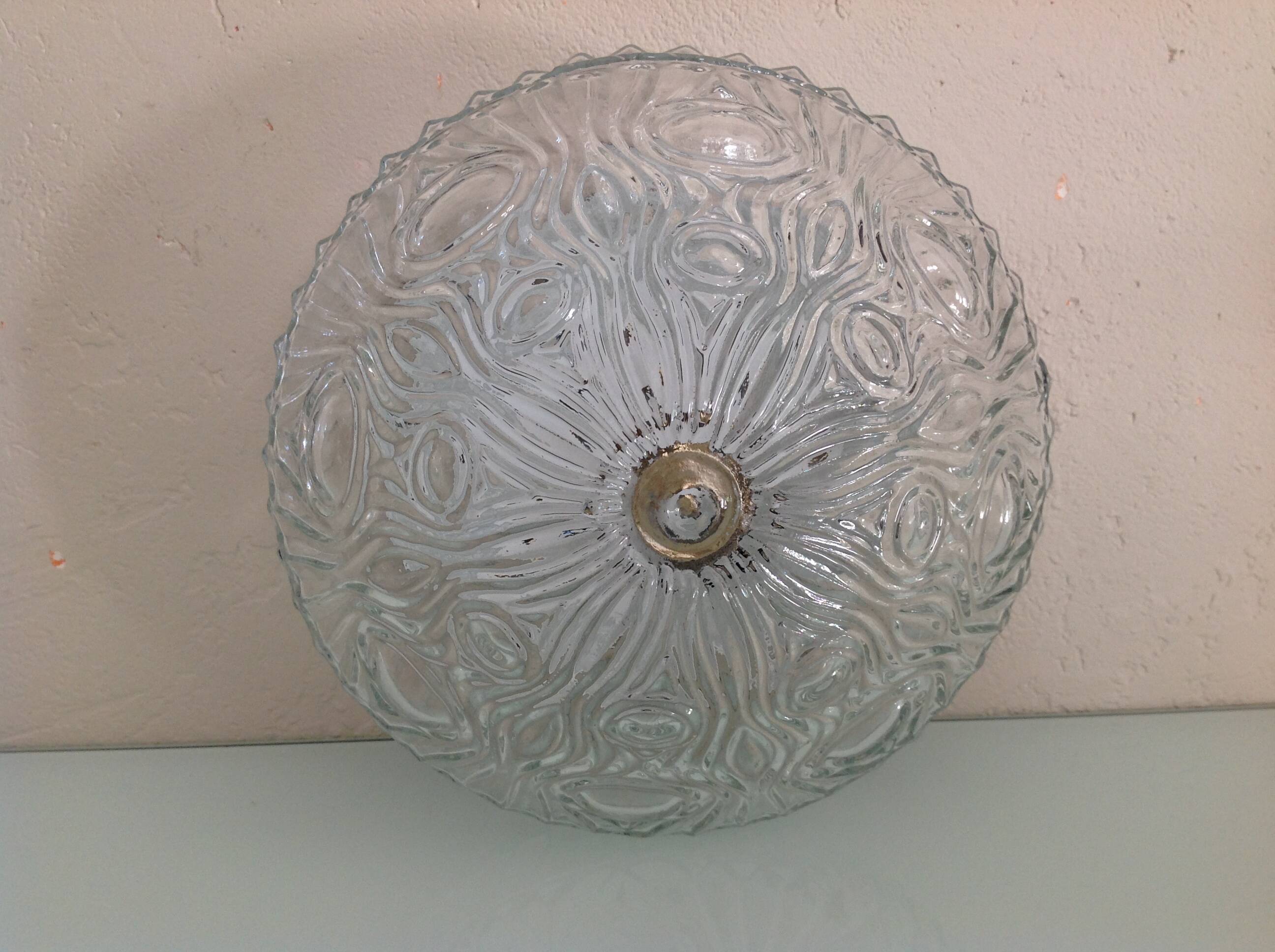 Round structured glass ceiling light / vintage 60s-70s