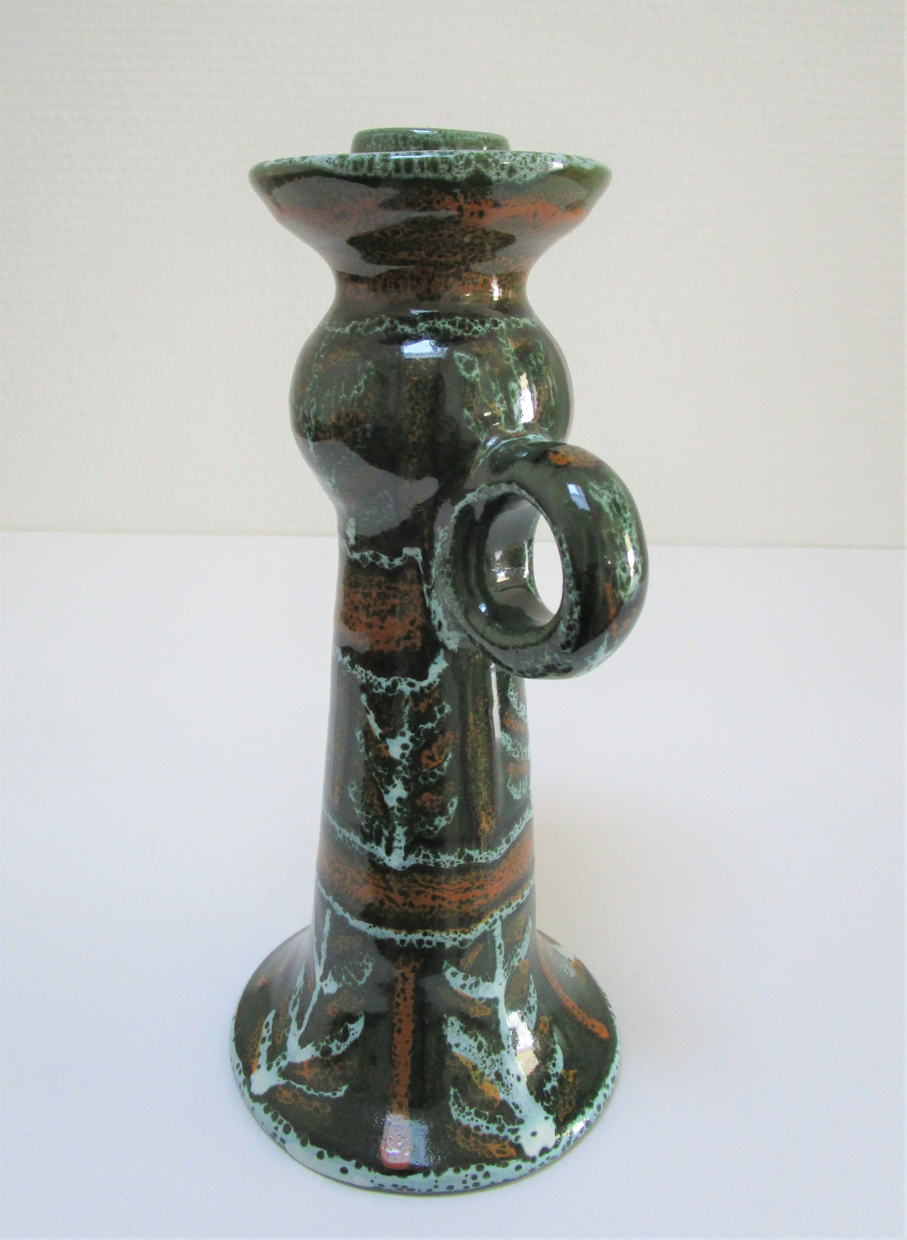 enamelled ceramic candle holder signed "S" plant decoration 70s