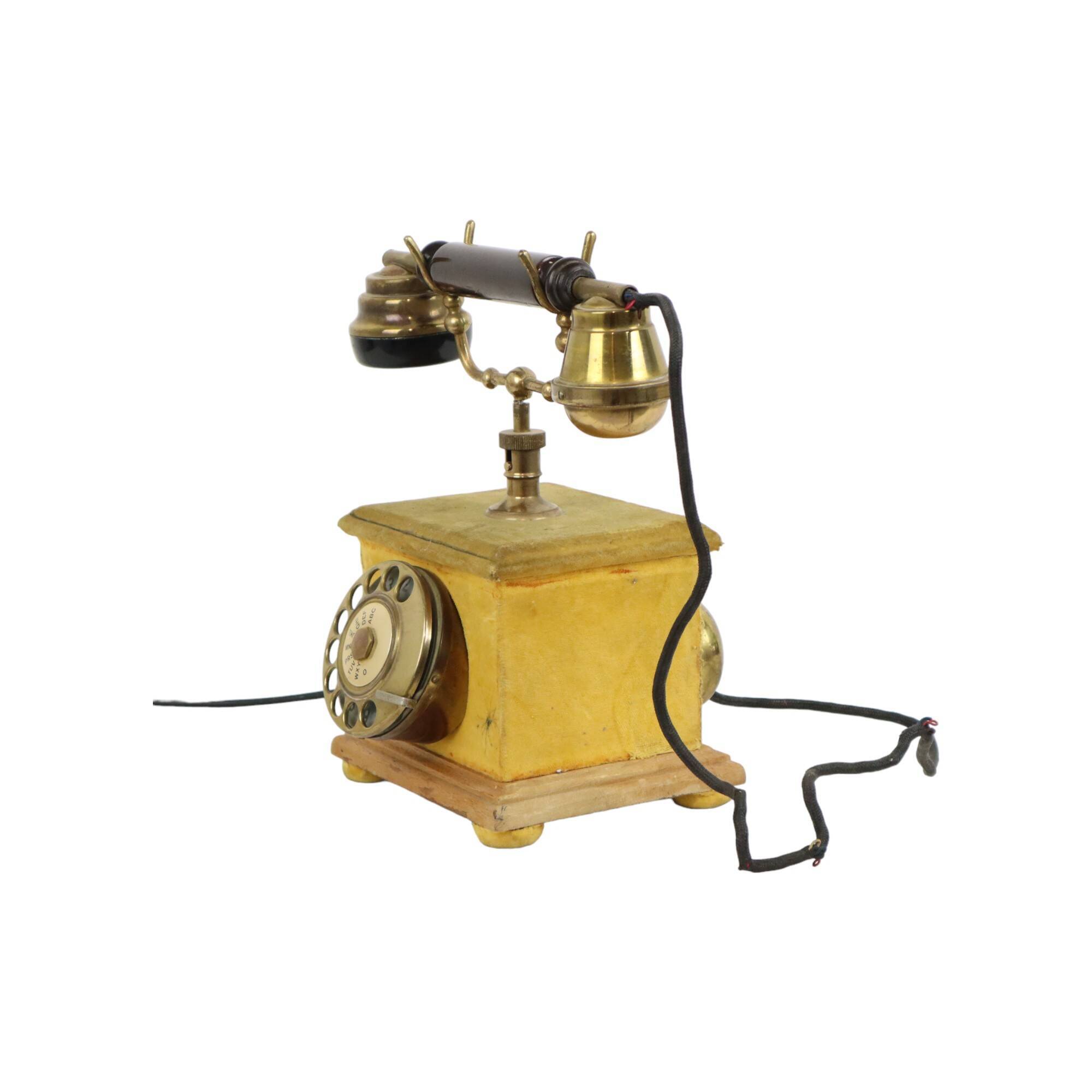 Old Italian Analog Telephone with Rotary Copper Wood Velvet