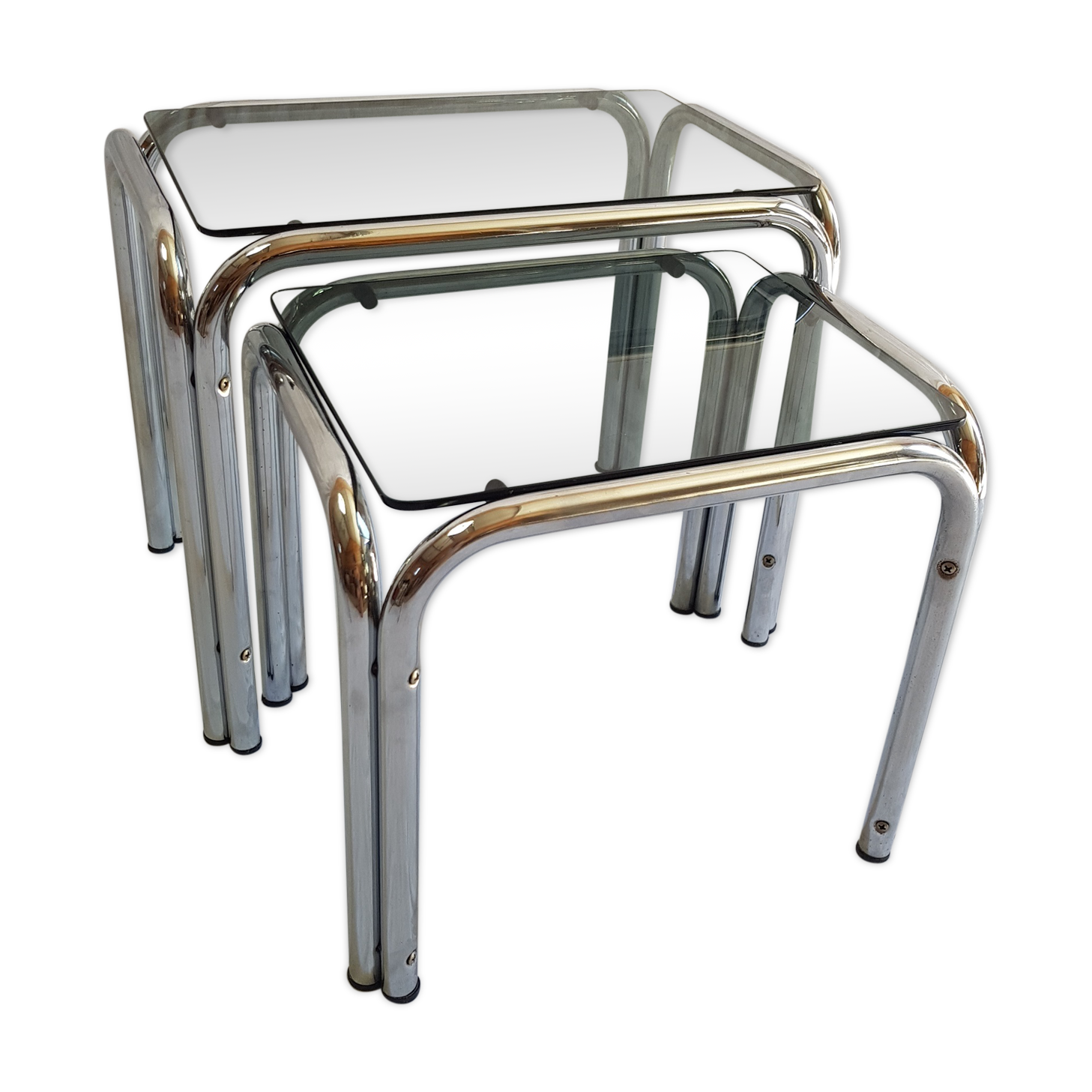 Tables chrome steel and glass smoked 70s