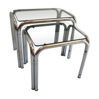 Tables chrome steel and glass smoked 70s