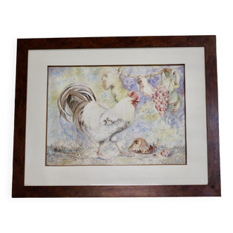 Aquarelle Coq Signée Et Datée