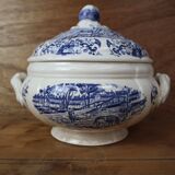 Vintage earthenware soup tureen Sarreguemines Derby series 1920 Blue and white